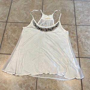 Solemio Off White Beaded Rhinestone Sheer Back Tank Top Size Small
